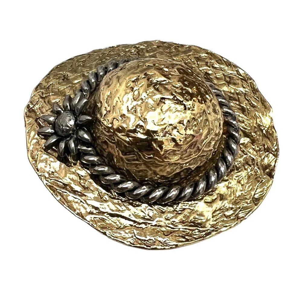 VINTAGE PREMIER DESIGNS CROWN GOLD TONE SUN HAT W FLOWER BROOCH - MISSING PIN